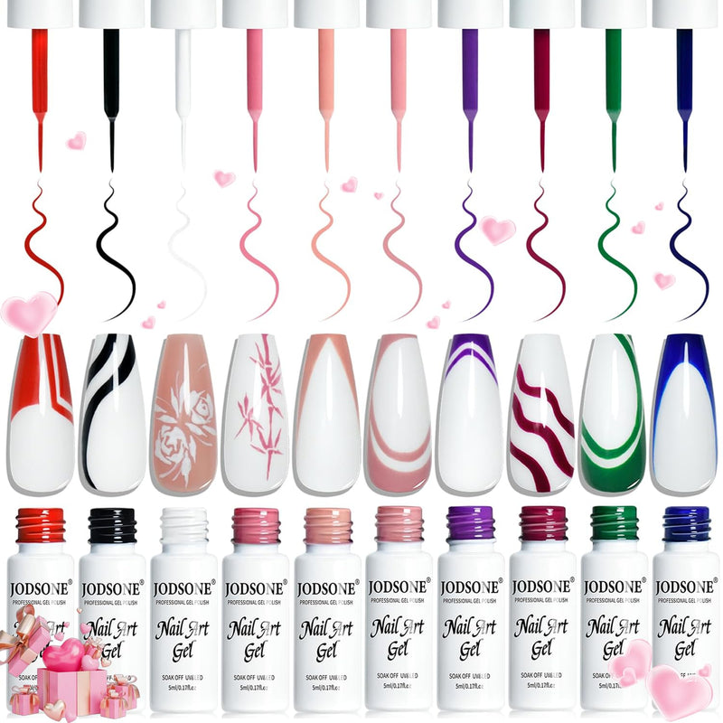 JODSONE 10 Colors Nail Art Gel Liner Set, 5ml Each, French Tip Gel Polish 10 Colors Nail Art Polish, Built-In Thin Brushes For French Tips, Swirls, Fine Lines, U V/LED Cure Required, DIY Manicure