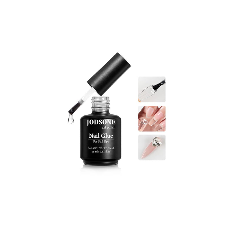 JODSONE 15ml Nail Glue Gel 4 in 1 for Nail Tips Long Lasting Extension Glue for Clear Nail Tips and Clear Press on Nails, Nail Repair Treatment, Salon Art DIY at Home Need U V Light Cured
