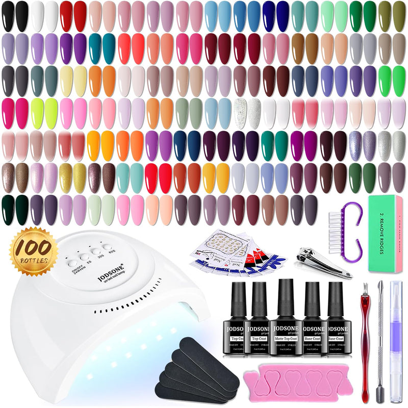 JODSONE 100 Bottles of Gel Nail Polish Kit with U V Led Light 95 Multiple Glossy Glitter Colors Mint Green Light Pink Nail Gel Base Coat Glossy and Matte Top Coat