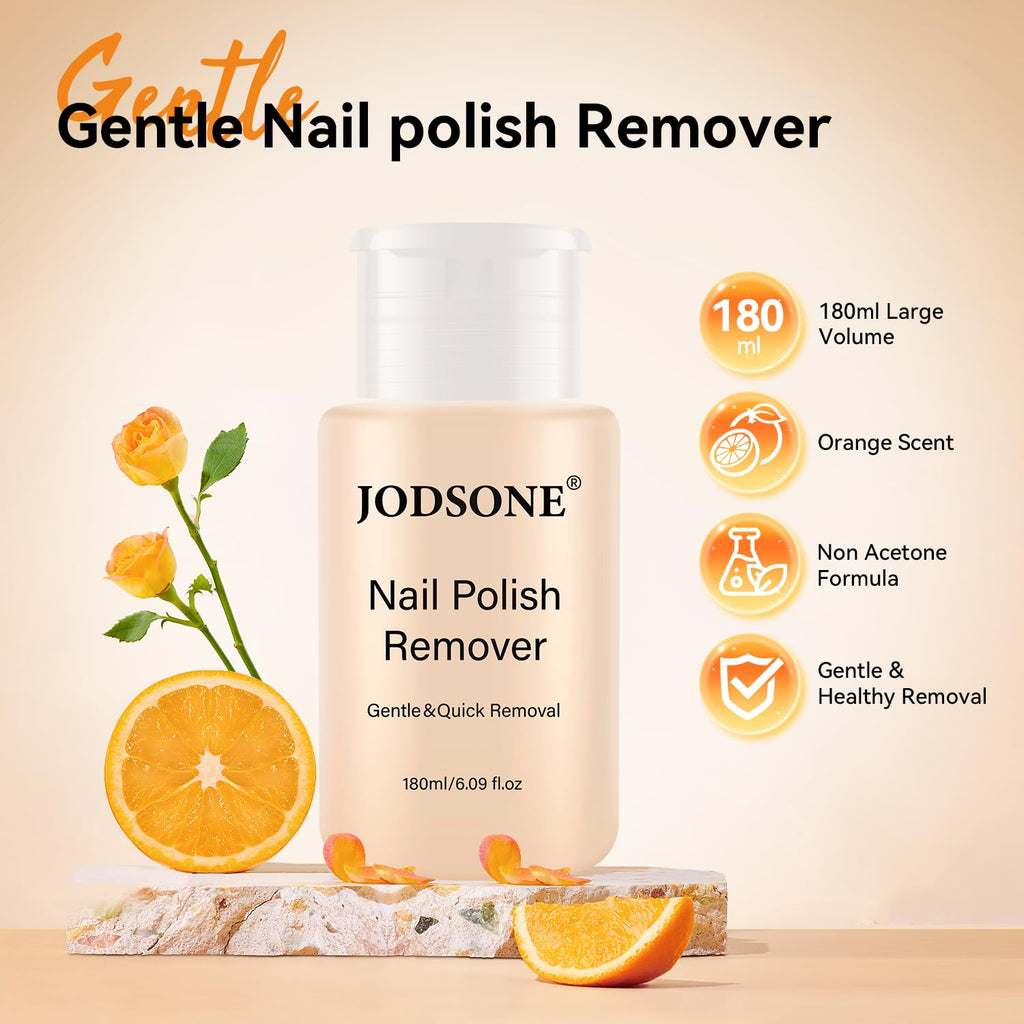 JODSONE Gel & Regular Nail Polish Remover, Non-Acetone, Orange, 6.09 Fl Oz One-Press Pump, Vitamin E & Aloe, Orange Scent, Removes Regular Polish; Soak-Off Gel Removal Requires Filing and Soaking