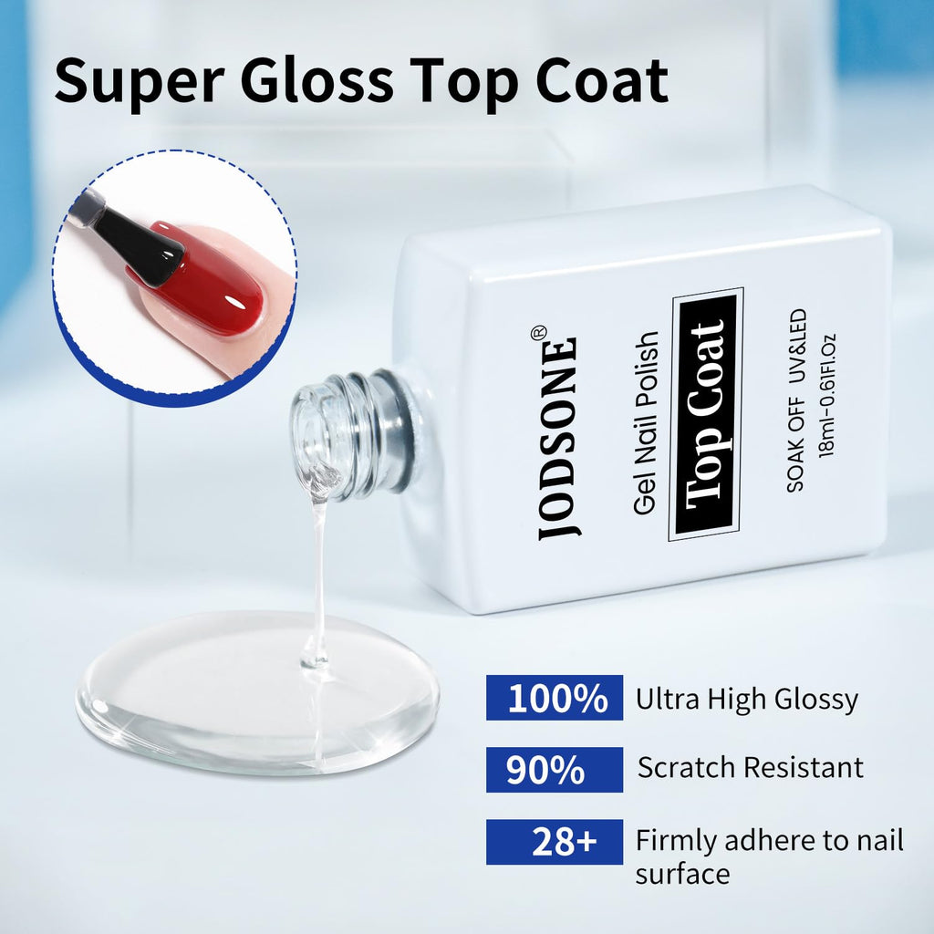 JODSONE 2 Bottles 18ml Top Coat Base Coat Gel Polish Set Compatible for Nail Salon Bright Surface, Girl Gift and At Home DIY Need U V Lamp Curing