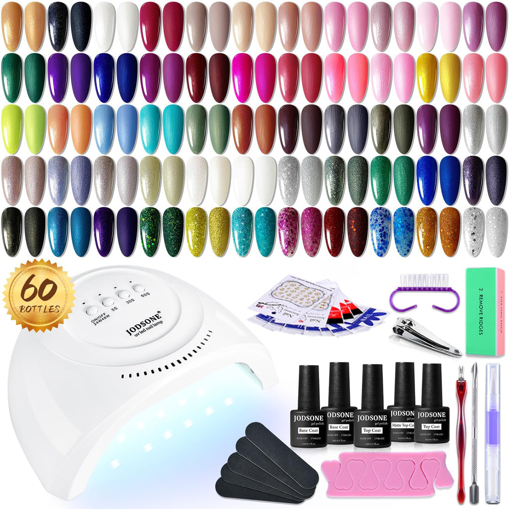 JODSONE 60 PCS Gel Nail Polish Starter Kit With U V Light 55 Kinds Of Color Glitter Gel Polish No Wipe Base And Glossy Matte Top Coat Easy To Apply