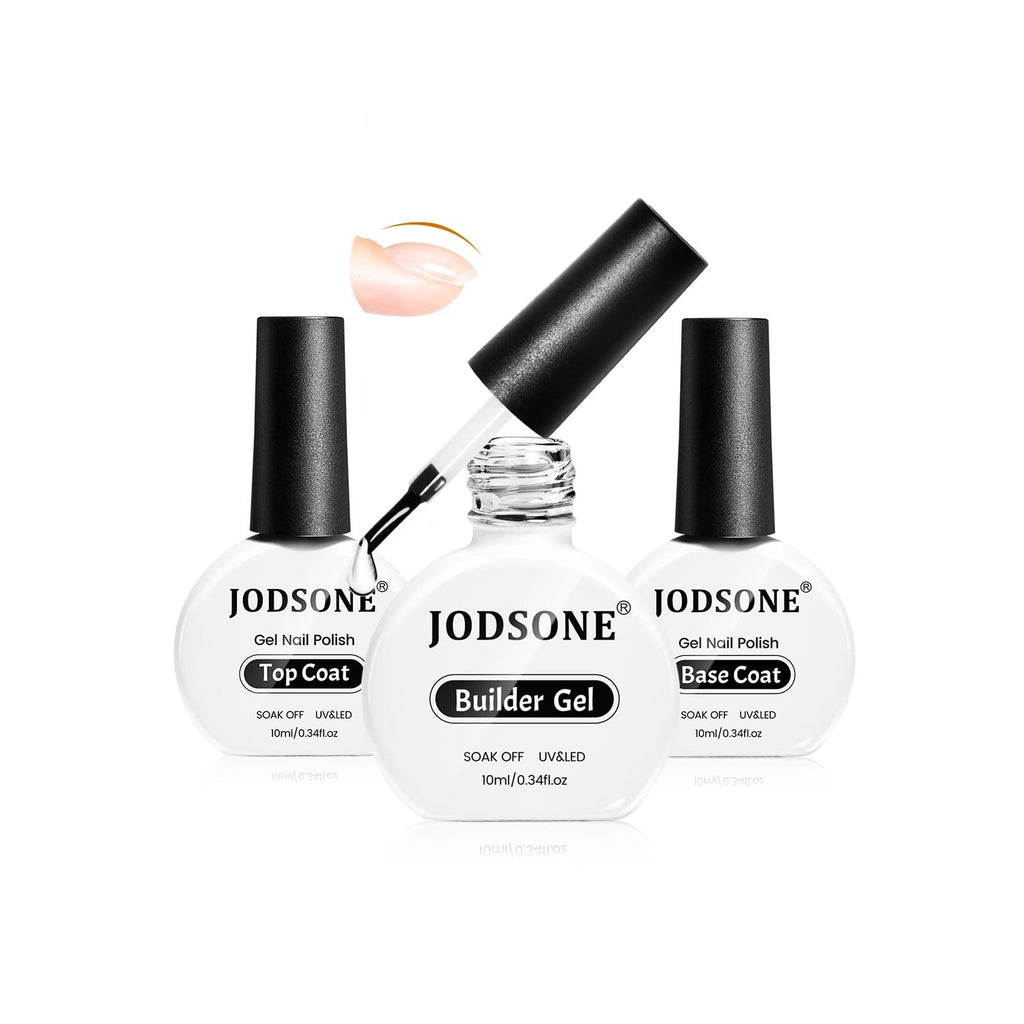JODSONE 3Pcs 10ml Top Coat Base Coat Builder Gel Set – No Wipe Gel for Strengthening Thickening and Nail Extension Requires U V Lamp Curing
