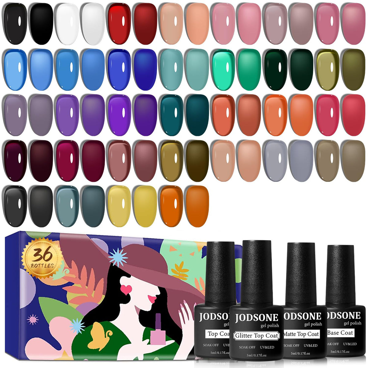 JODSONE Jelly Gel Nail Polish Kit 32 Classic Colors Crystal Transparent High Shine Base & Top Matte Glitter Coat