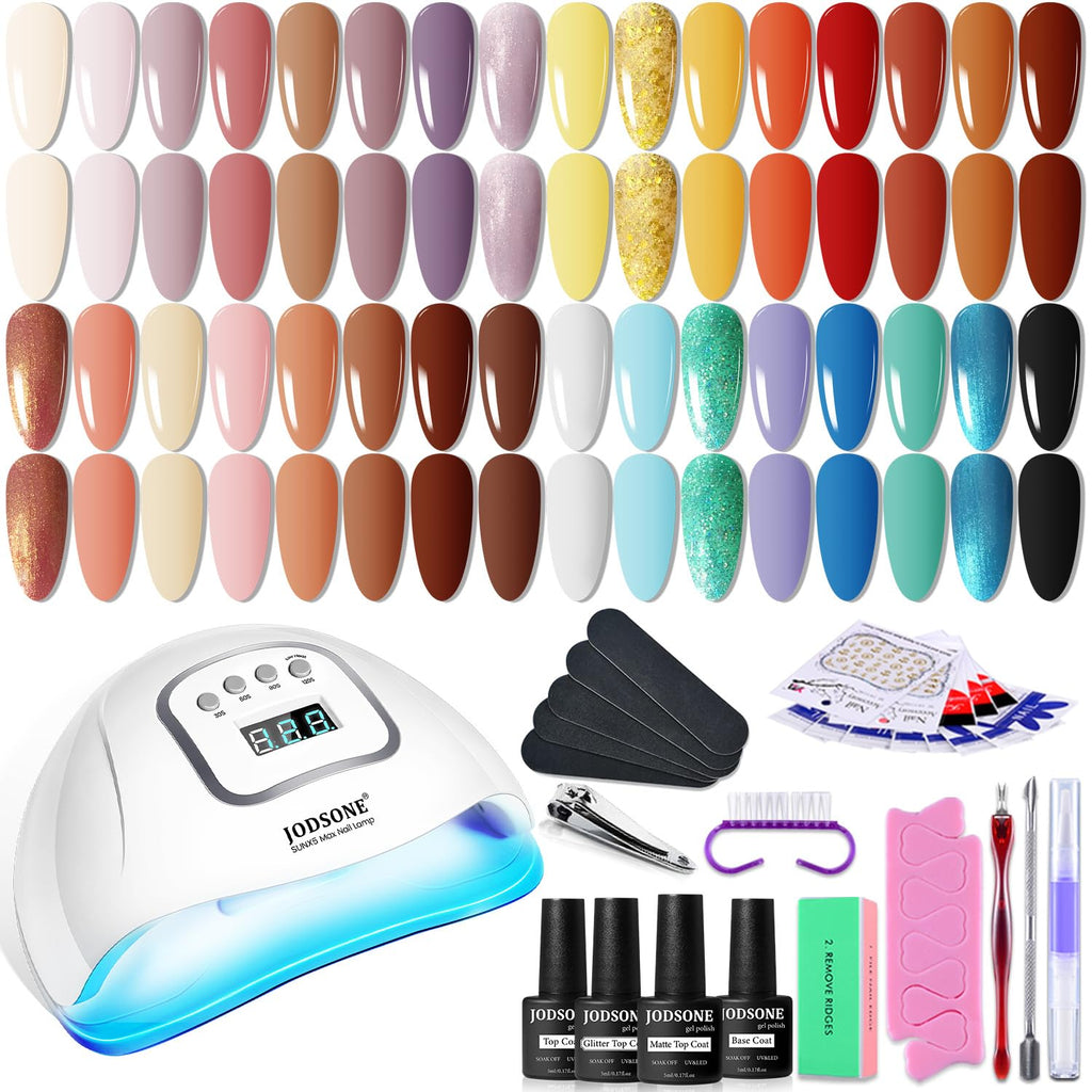 JODSONE 36 Pcs Gel Nail Polish Kit with U V Light of 32 Color Gel Polish Nail Collections Base and Top Glitter Coat Manicure Tools
