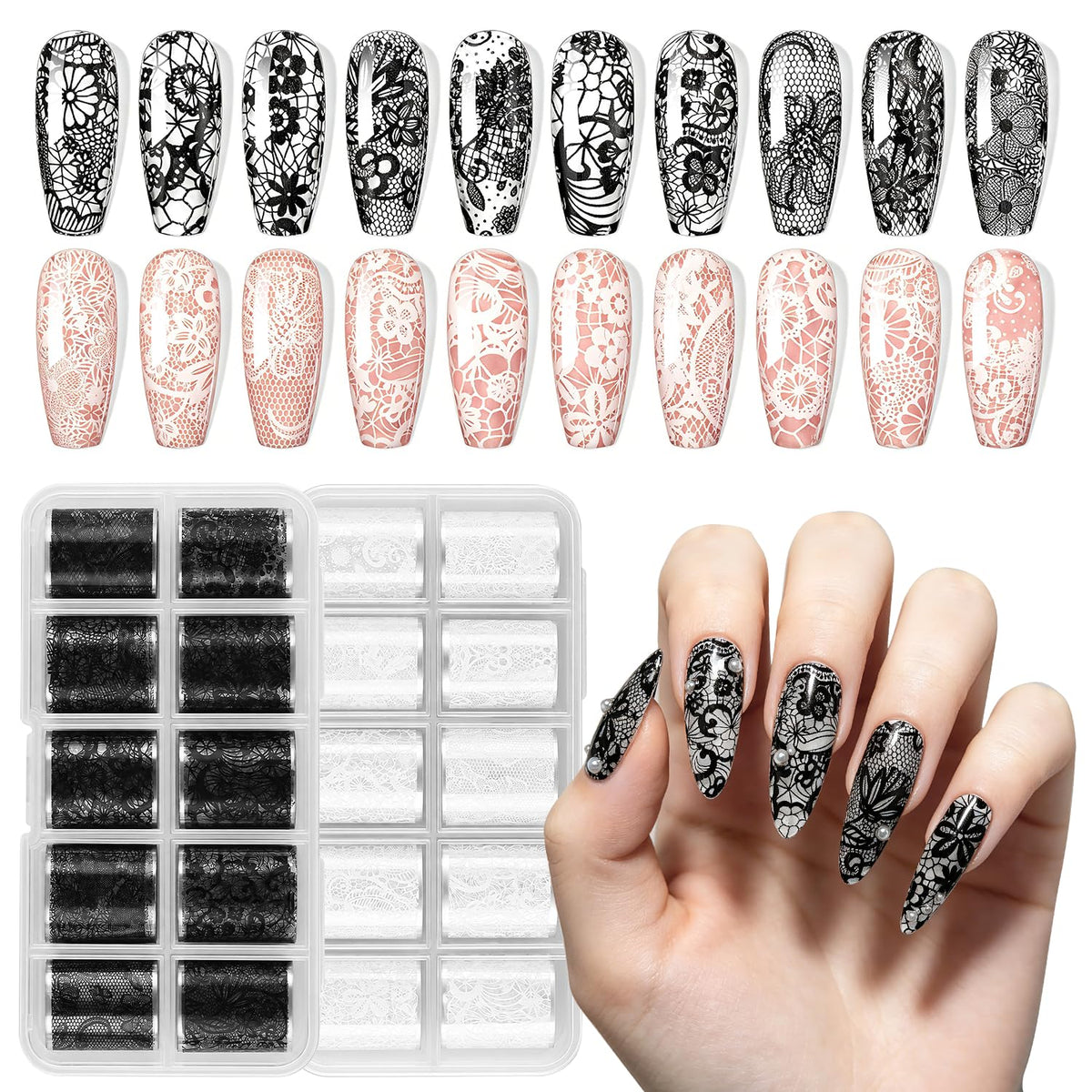 JODSONE 20 Rolls Lace Nail Foils, Black and White Lace Nail Art Transfer Sheets, Must Be Used with Nail Foil Glue, Transfer Foils for Manicure Salon & Home Use (Not Self-Adhesive Stickers)