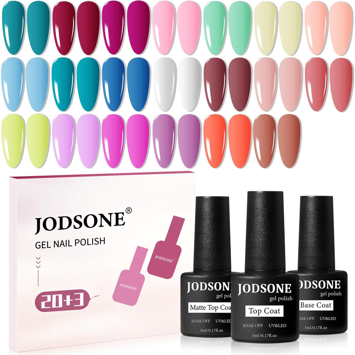 JODSONE 23 PCS Gel Polish Kit Colorful Fashion Classic Nail Gel Set 3 Bottles of Base Coat Matte and Glossy Top Coat