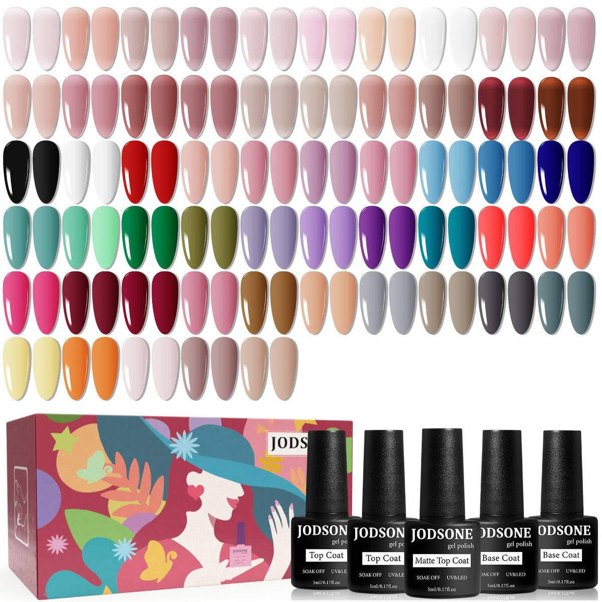 JODSONE 60 PCS Gel Nail Polish Starter Kit with U V Light 55 Colors Gel Polish Base Top Coat for Women and Girls