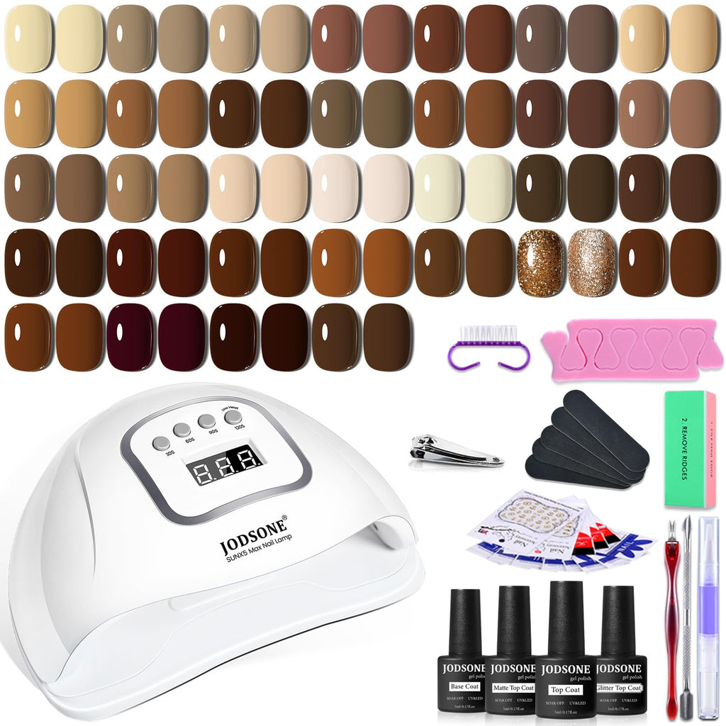 JODSONE 36Pcs Full-Color Gel Nail Polish Kit with U V Light 32 Color Autumn Beige Nude Brown Chocolate Caramel with Base & Top Matte Glitter Coat4 Functional Gel All Seasons for DIY Nail Art at Home