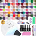 JODSONE 100 Bottles of Gel Nail Polish Kit with U V Led Light 95 Multiple Glossy Glitter Colors Mint Green Light Pink Nail Gel Base Coat Glossy and Matte Top Coat