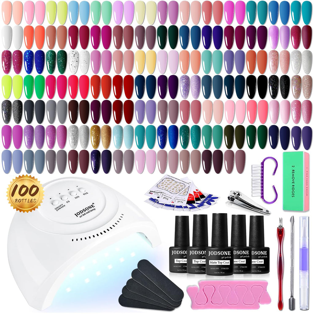 JODSONE 100 PCS Gel Nail Polish Starter Kit with U V Light 95 Colors Macarons Combined with Dark Colors Nail Gel No Wipe Base Coat Top Matte Coat Long Lasting Shine