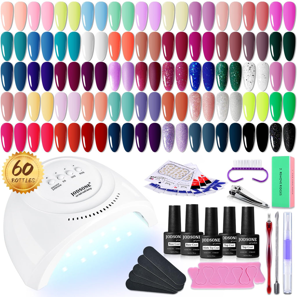 JODSONE Gel Nail Polish Kit 60 PCS with U V Light Soak off Base Top Coat 55 Shine Colors Gel Nail Kit Bright and Dark Brown Wine Red Series Manicure Set for Women and Girls