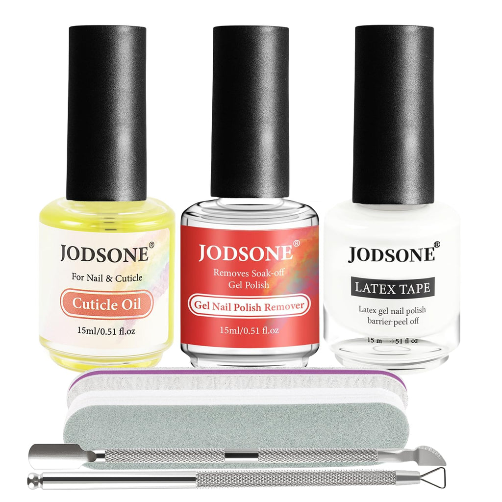 JODSONE Gel Nail Polish Remover Kit - Set with 15ml Gel Nail Polish Remover, Cuticle Oil and Latex Tape, and Complete Remover Manicure Tool Set, No Soaking
