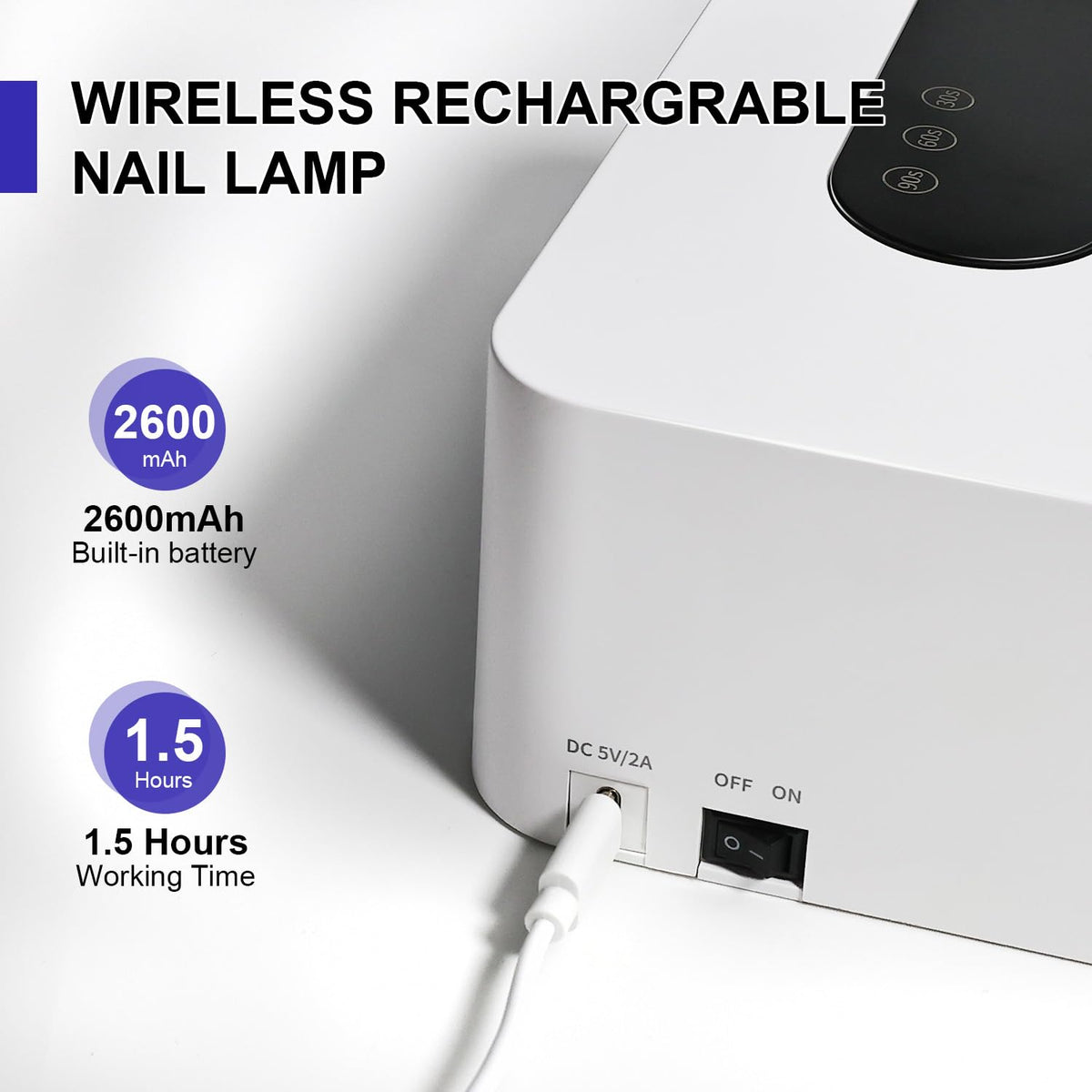JODSONE U V Nail Lamp Rechargeable Portable with 3 Timers and LCD Display Screen for Nail Dryer Gel White