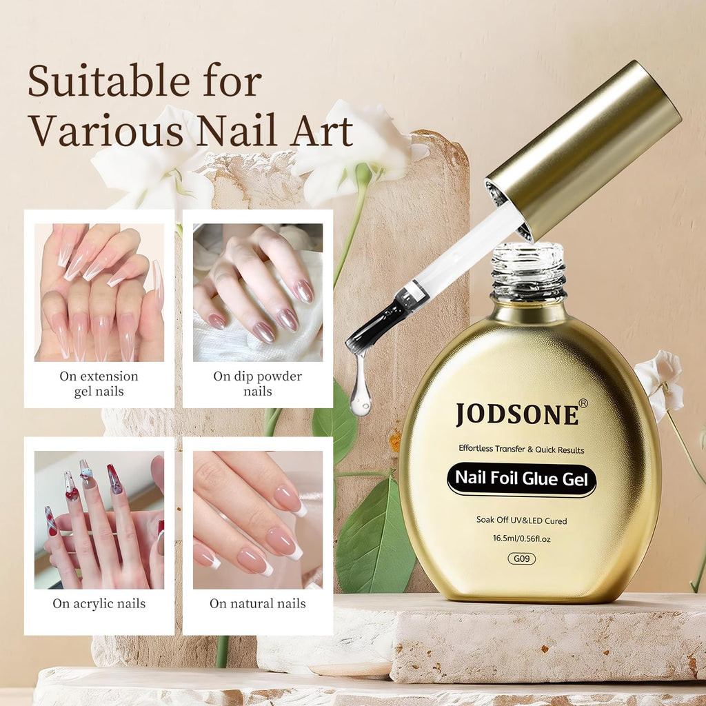 JODSONE Nail Foil Glue 16.5ml, Hema-free Foil Transfer Gel, High Adhesion Clear Gel, Easy Application, Helps Transfer Fine Pattern Details, Pairs With Compatible Nail Foils, DIY And Salon Use
