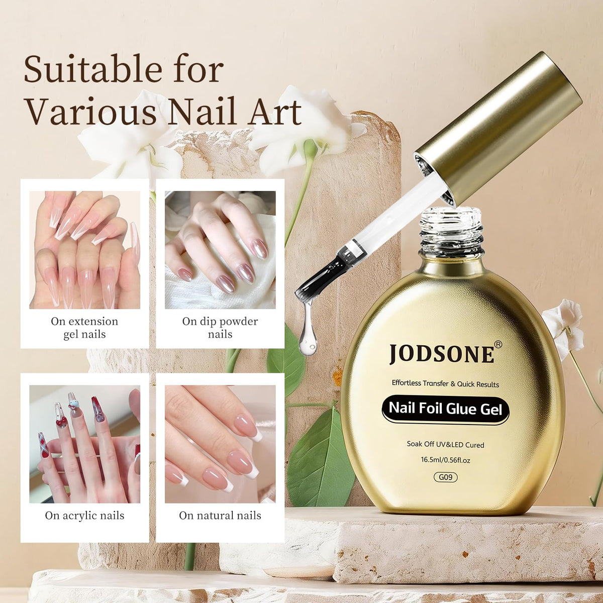 JODSONE Nail Foil Glue 16.5ml, Hema-free Foil Transfer Gel, High Adhesion Clear Gel, Easy Application, Helps Transfer Fine Pattern Details, Pairs With Compatible Nail Foils, DIY And Salon Use