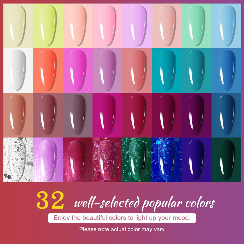 JODSONE Gel Nail Polish Kit with U V Light 32 Colors Gel Polish Set Soak Off Nail Kit Nail Art Salon or Home DIY Manicure Tools Gifts for Women