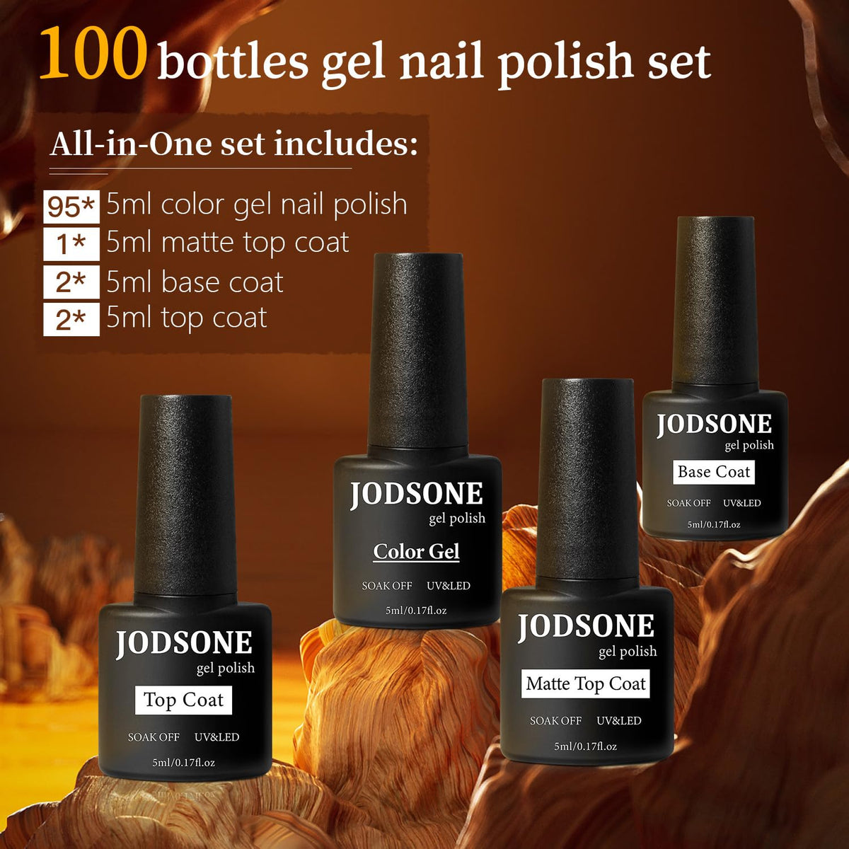 JODSONE 100 PCS (5 ml each) Gel Nail Polish Kit No Wipe Soak off Base Coat and Matte Glossy Top Coat Gel Polish Collections Gifts for Manicure Lovers