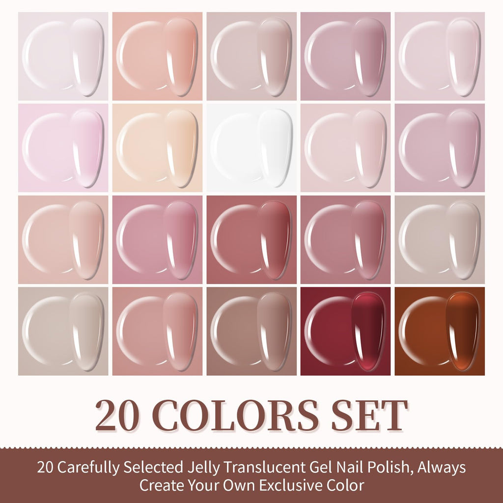 JODSONE 23PCS Gel Nail Polish Set 20 translucent Jelly Color Natural and Elegant Long Lasting Suitable for Home and Salon