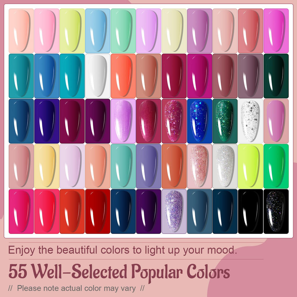 JODSONE Gel Nail Polish Kit 60 PCS with U V Light Soak off Base Top Coat 55 Shine Colors Gel Nail Kit Bright and Dark Brown Wine Red Series Manicure Set for Women and Girls