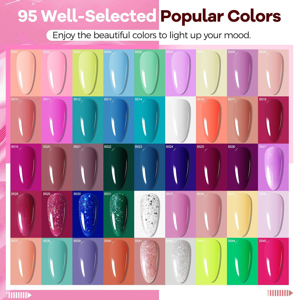 JODSONE 100 PCS Gel Nail Polish Starter Kit with U V Light 95 Colors Macarons Combined with Dark Colors Nail Gel No Wipe Base Coat Top Matte Coat Long Lasting Shine