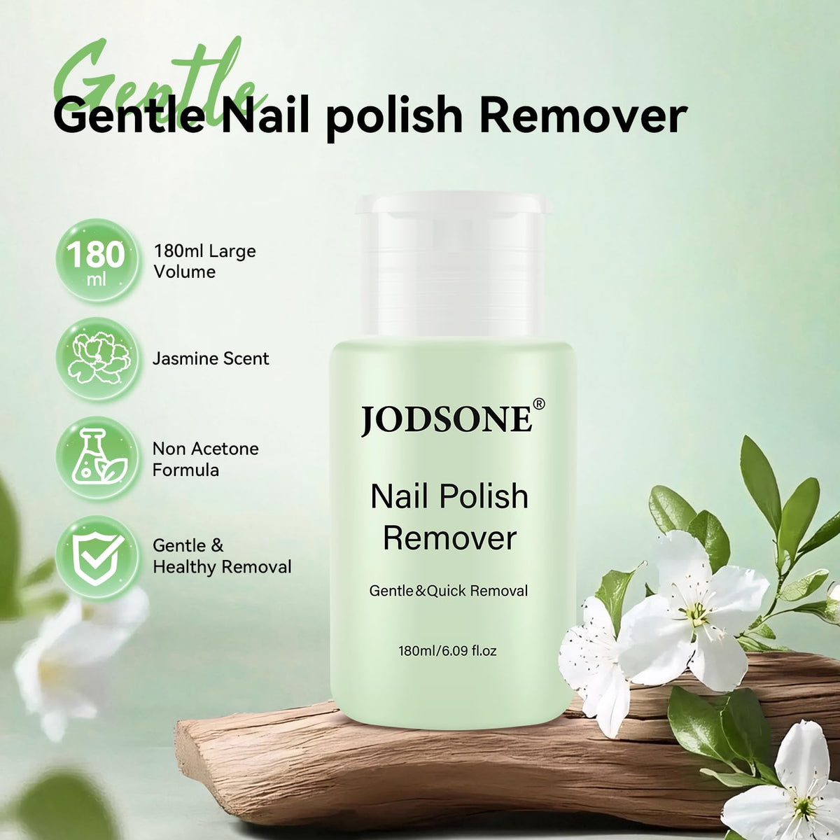 JODSONE Gel & Regular Nail Polish Remover, Non-Acetone, Jasmine, 6.09 Fl Oz One-Press Pump, Vitamin E & Aloe, Jasmine Scent, Removes Regular Polish; Soak-Off Gel Removal Requires Filing and Soaking