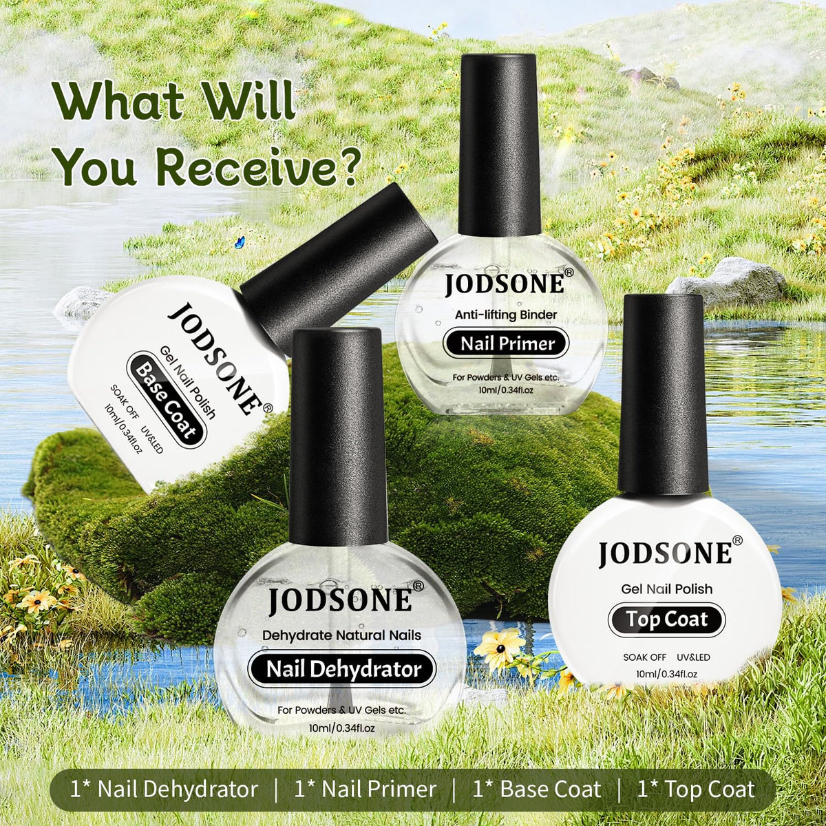 JODSONE 4 Bottle 10ML Nail Primer Base Coat Top Coat Glossy Quick Drying Durable DIY Nail Art Design Long Lasting Gift For Girls, transparent