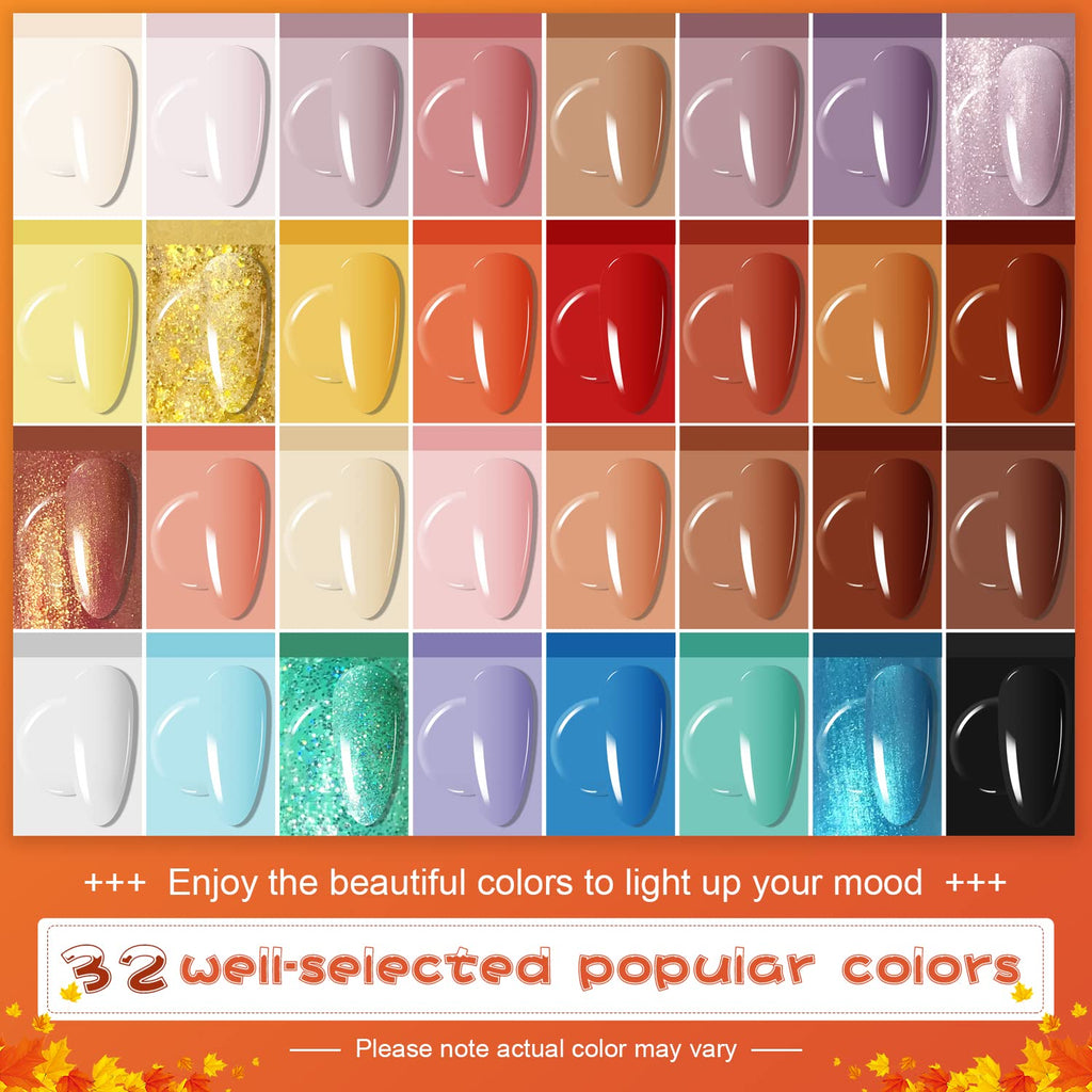 JODSONE 36 Pcs Gel Nail Polish Kit with U V Light of 32 Color Gel Polish Nail Collections Base and Top Glitter Coat Manicure Tools