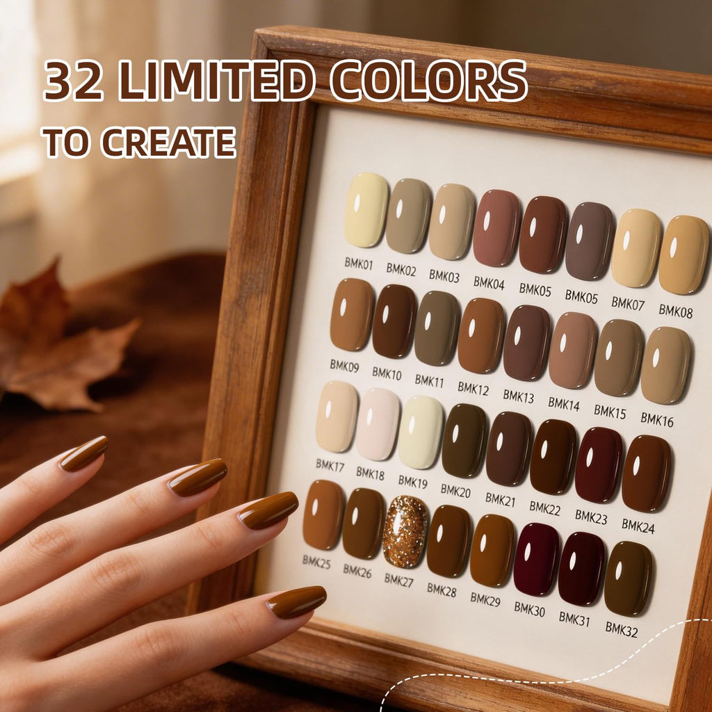 JODSONE 36Pcs Full-Color Gel Nail Polish Kit with U V Light 32 Color Autumn Beige Nude Brown Chocolate Caramel with Base & Top Matte Glitter Coat4 Functional Gel All Seasons for DIY Nail Art at Home