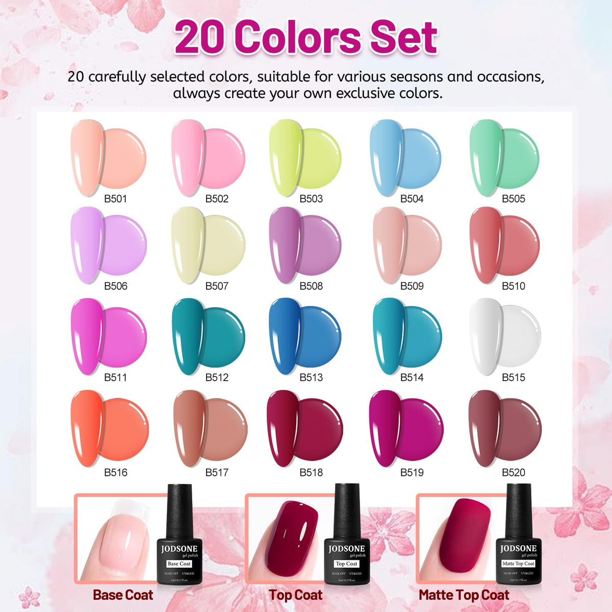 JODSONE 20 Color Vibrant and High Shine Gel Nail Polish Kit with 3 PCS Base Coat and Matte and Glossy Top Coat
