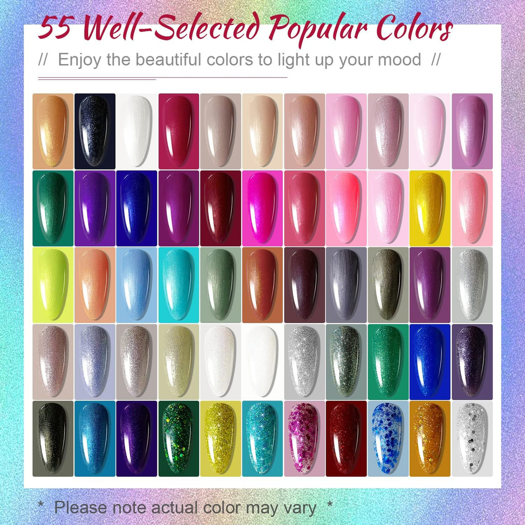 JODSONE 60 PCS Gel Nail Polish Starter Kit With U V Light 55 Kinds Of Color Glitter Gel Polish No Wipe Base And Glossy Matte Top Coat Easy To Apply