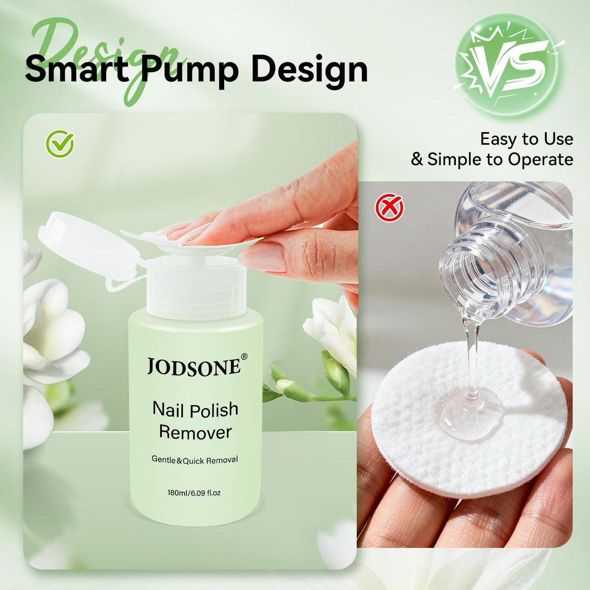 JODSONE Gel & Regular Nail Polish Remover, Non-Acetone, Jasmine, 6.09 Fl Oz One-Press Pump, Vitamin E & Aloe, Jasmine Scent, Removes Regular Polish; Soak-Off Gel Removal Requires Filing and Soaking