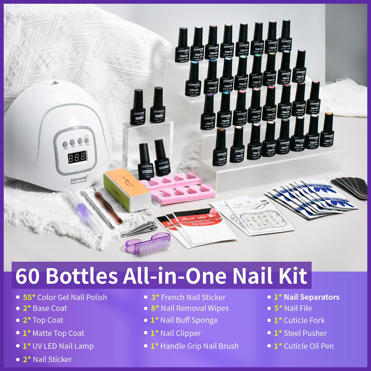JODSONE 60 Bottles of Gel Nail Polish Kit with U V Light 55 Kinds of Gorgeous and Charming Gel Polish Kit 5 Pieces Soak off Glossy Matte Top Coat Base Coat