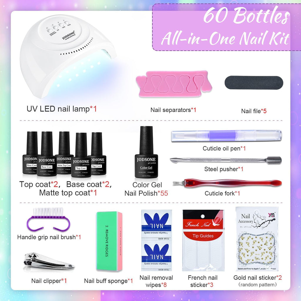 JODSONE 60 PCS Gel Nail Polish Starter Kit With U V Light 55 Kinds Of Color Glitter Gel Polish No Wipe Base And Glossy Matte Top Coat Easy To Apply