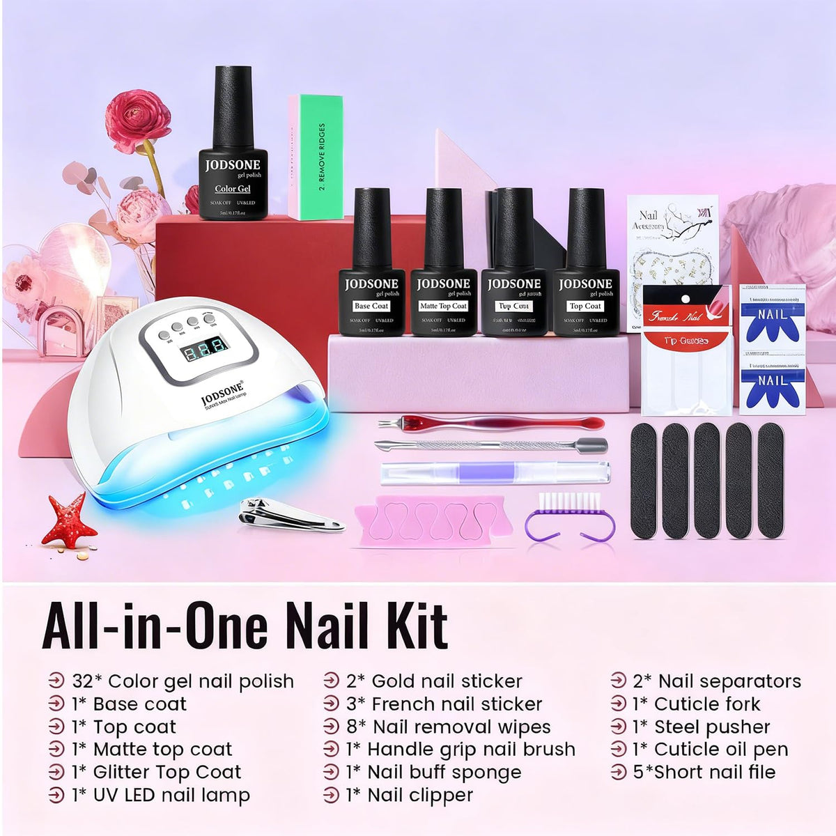 JODSONE 36Pcs Gel Nail Polish Kit with U V Light Crystal Transparent Classic Color 4 Functional Gel for All Seasons