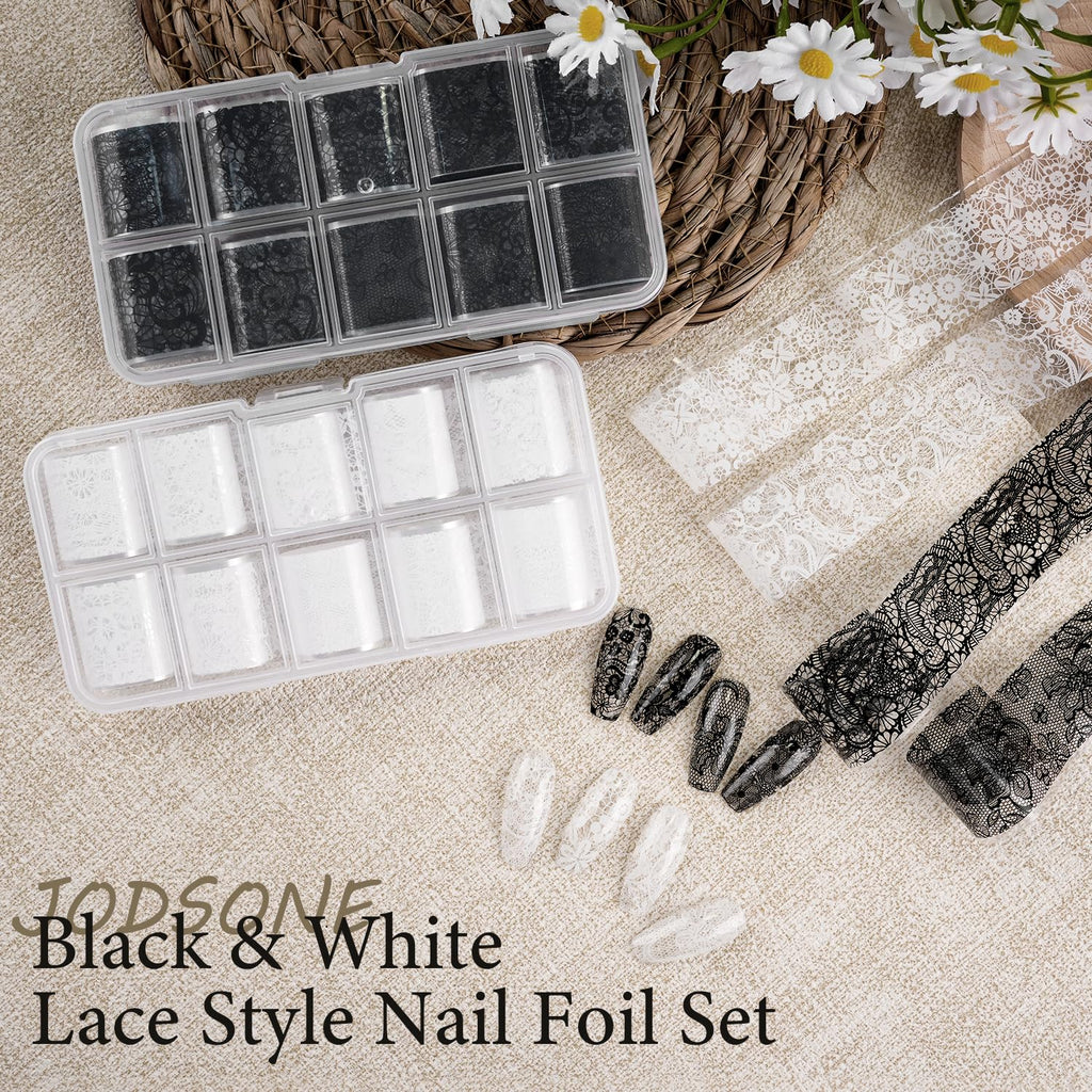 JODSONE 20 Rolls Lace Nail Foils, Black and White Lace Nail Art Transfer Sheets, Must Be Used with Nail Foil Glue, Transfer Foils for Manicure Salon & Home Use (Not Self-Adhesive Stickers)