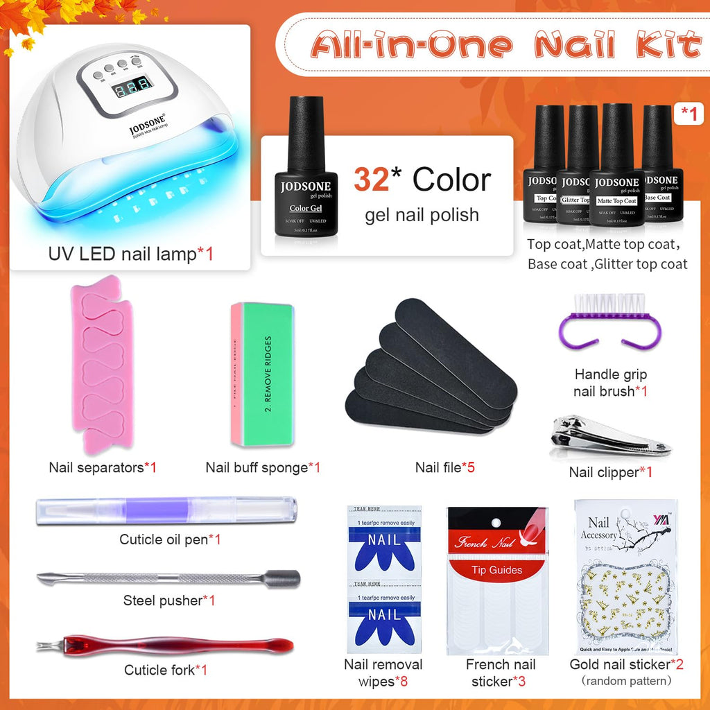 JODSONE 36 Pcs Gel Nail Polish Kit with U V Light of 32 Color Gel Polish Nail Collections Base and Top Glitter Coat Manicure Tools