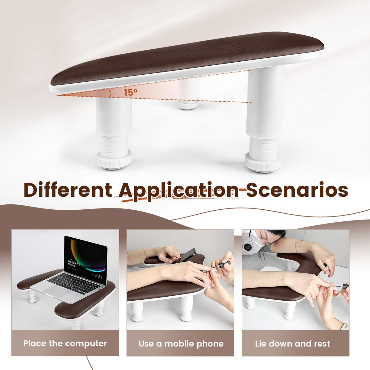 JODSONE U-Shaped Brown Arm Rest for Nails Tech with Rotating 360°Built-In Phone Holder and Adjustable Nail Arm Rest Detachable Manicure Hand Rest for Salon Design