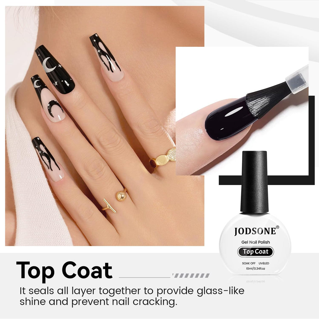 JODSONE 10ML Top Coat Gel Polish High Gloss Shine Finish Long Lasting Gel Nail Polish Professional Manicure Home DIY No Wipe Need U V Lamp Curing