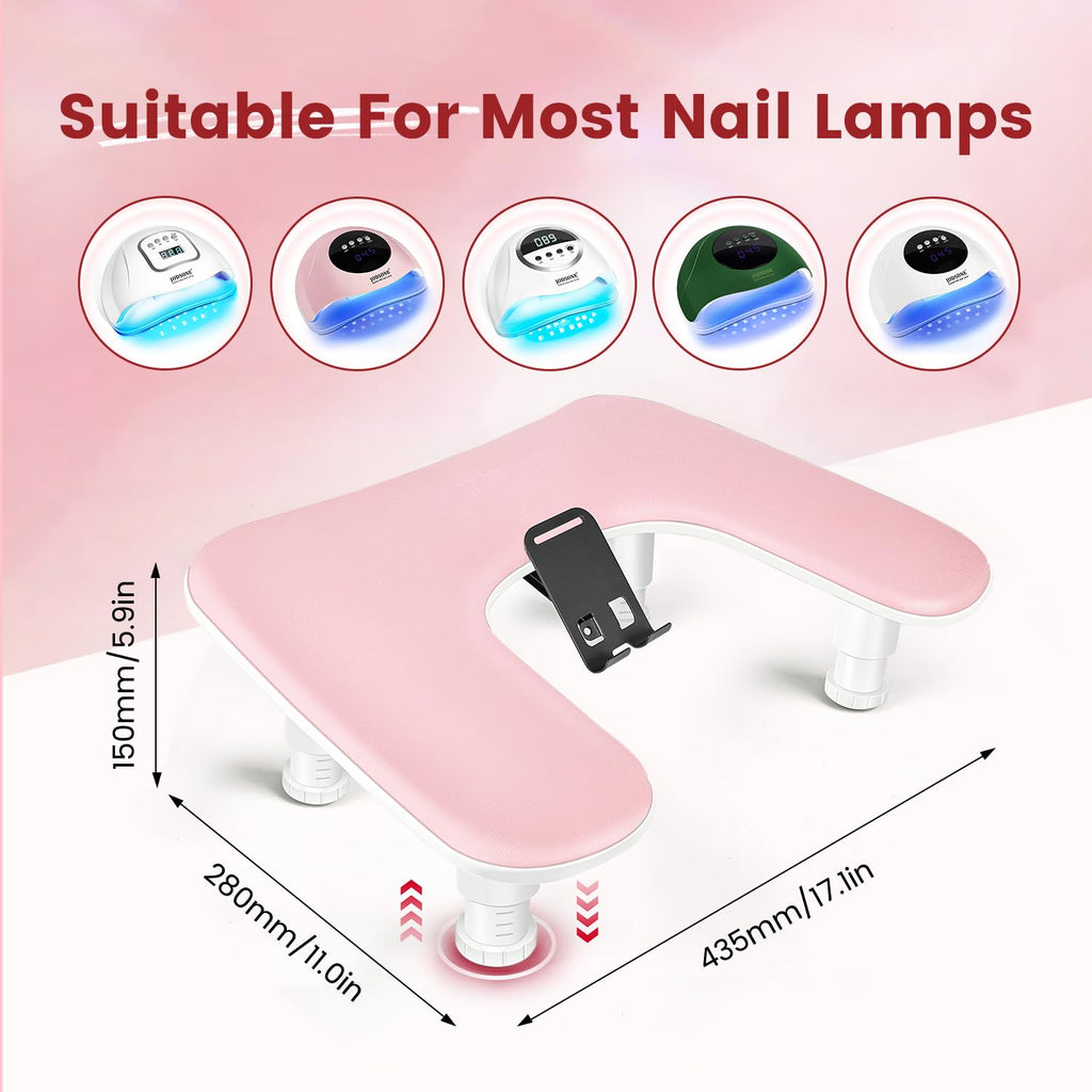 JODSONE U-Shaped White Manicure Arm Rest for Nails Tech with Rotating 360°Built-In Phone Holder and Adjustable Nail Arm Rest Detachable Manicure Hand Rest for Salon Design