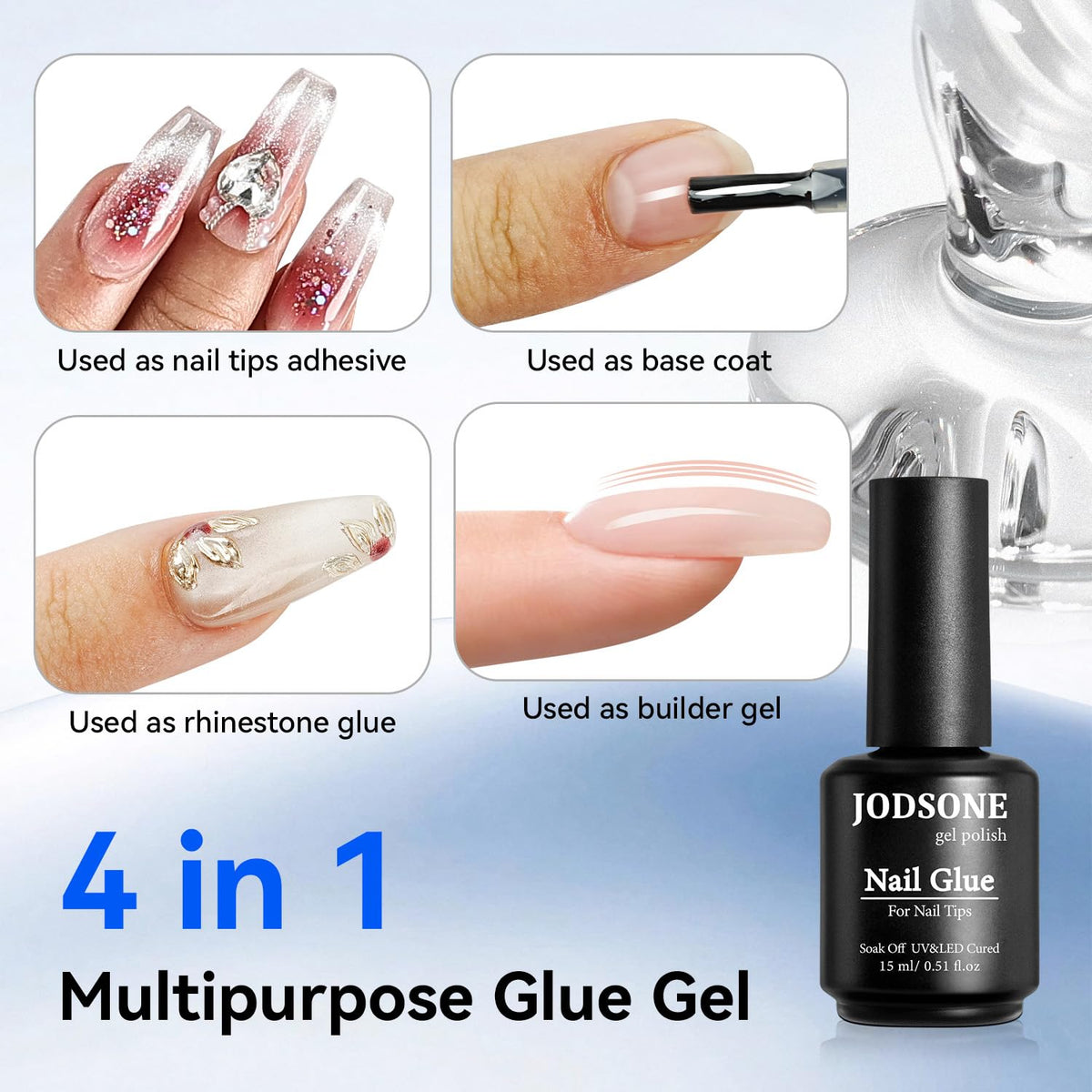 JODSONE 15ml Nail Glue Gel 4 in 1 for Nail Tips Long Lasting Extension Glue for Clear Nail Tips and Clear Press on Nails, Nail Repair Treatment, Salon Art DIY at Home Need U V Light Cured