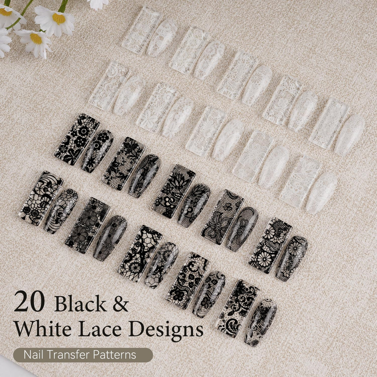 JODSONE 20 Rolls Lace Nail Foils, Black and White Lace Nail Art Transfer Sheets, Must Be Used with Nail Foil Glue, Transfer Foils for Manicure Salon & Home Use (Not Self-Adhesive Stickers)