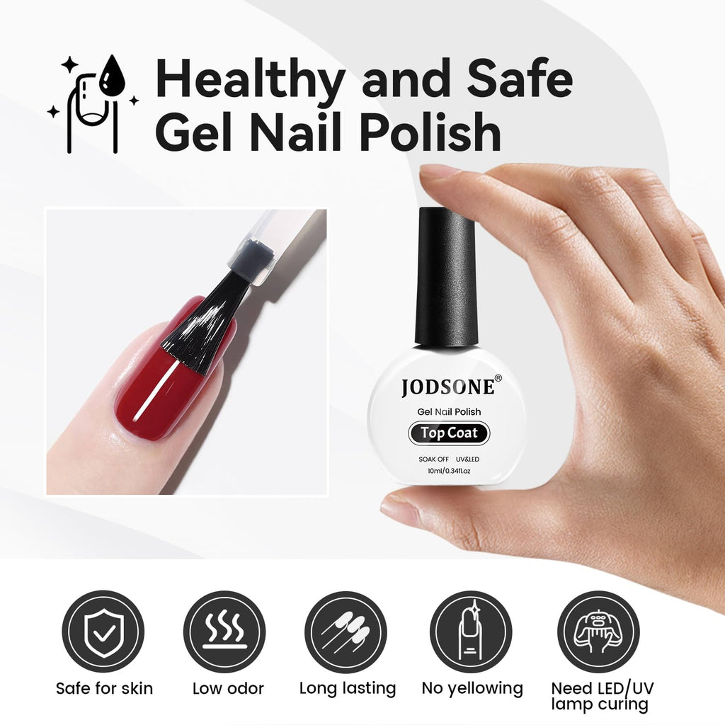 JODSONE 10ML Top Coat Gel Polish High Gloss Shine Finish Long Lasting Gel Nail Polish Professional Manicure Home DIY No Wipe Need U V Lamp Curing