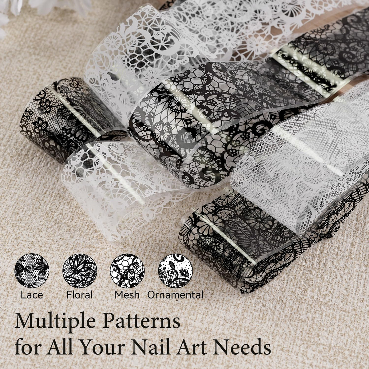 JODSONE 20 Rolls Lace Nail Foils, Black and White Lace Nail Art Transfer Sheets, Must Be Used with Nail Foil Glue, Transfer Foils for Manicure Salon & Home Use (Not Self-Adhesive Stickers)