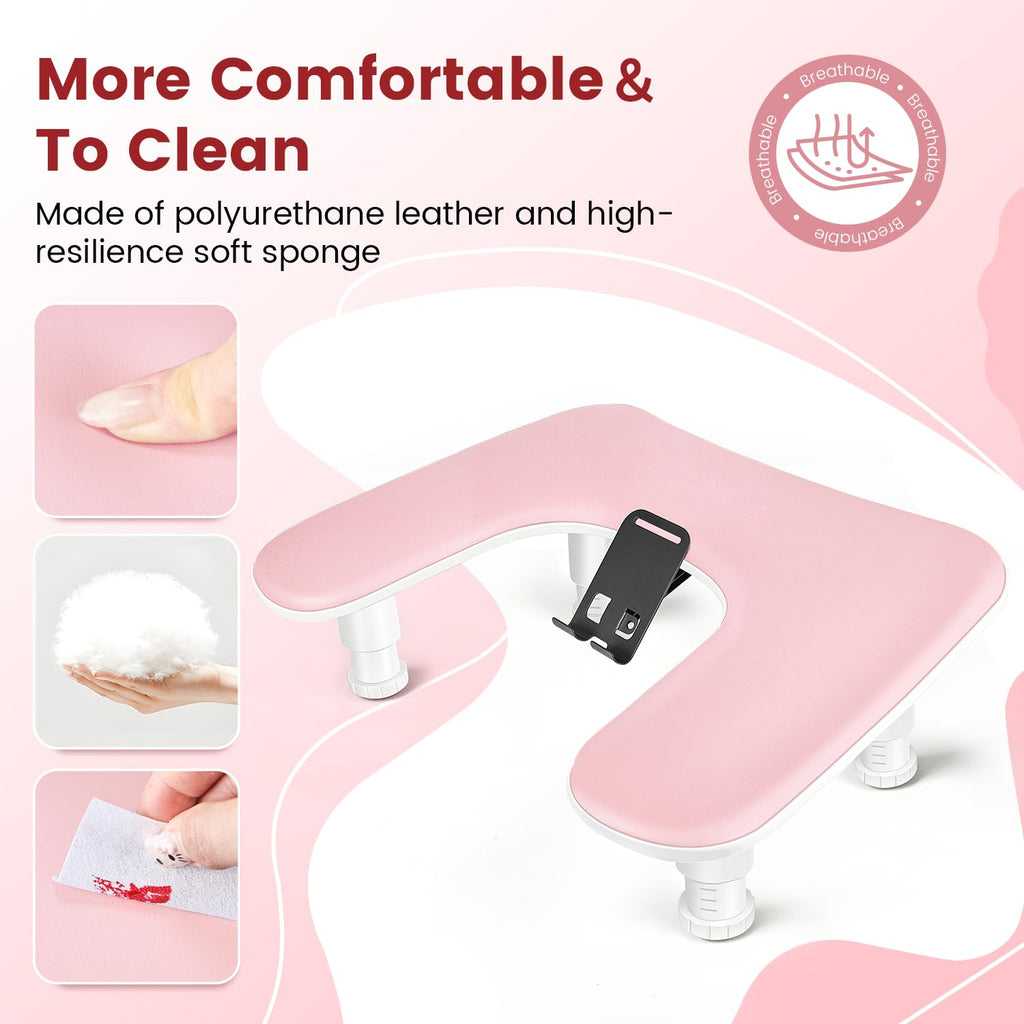 JODSONE U-Shaped White Manicure Arm Rest for Nails Tech with Rotating 360°Built-In Phone Holder and Adjustable Nail Arm Rest Detachable Manicure Hand Rest for Salon Design