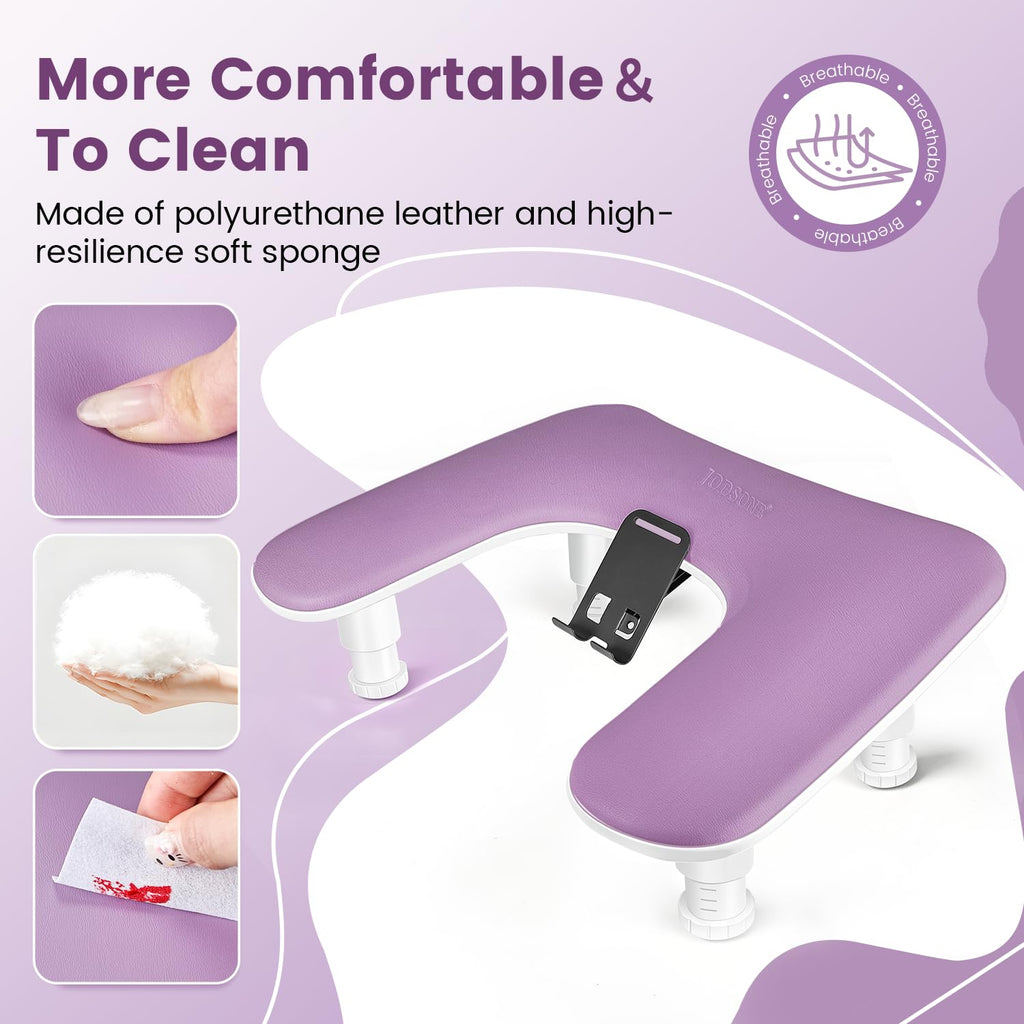 JODSONE Purple U-Shaped Manicure Arm Rest for Nails Tech with Rotating Phone Holder and Adjustable Nail Arm Rest Detachable Manicure Hand Rest for Salon Design