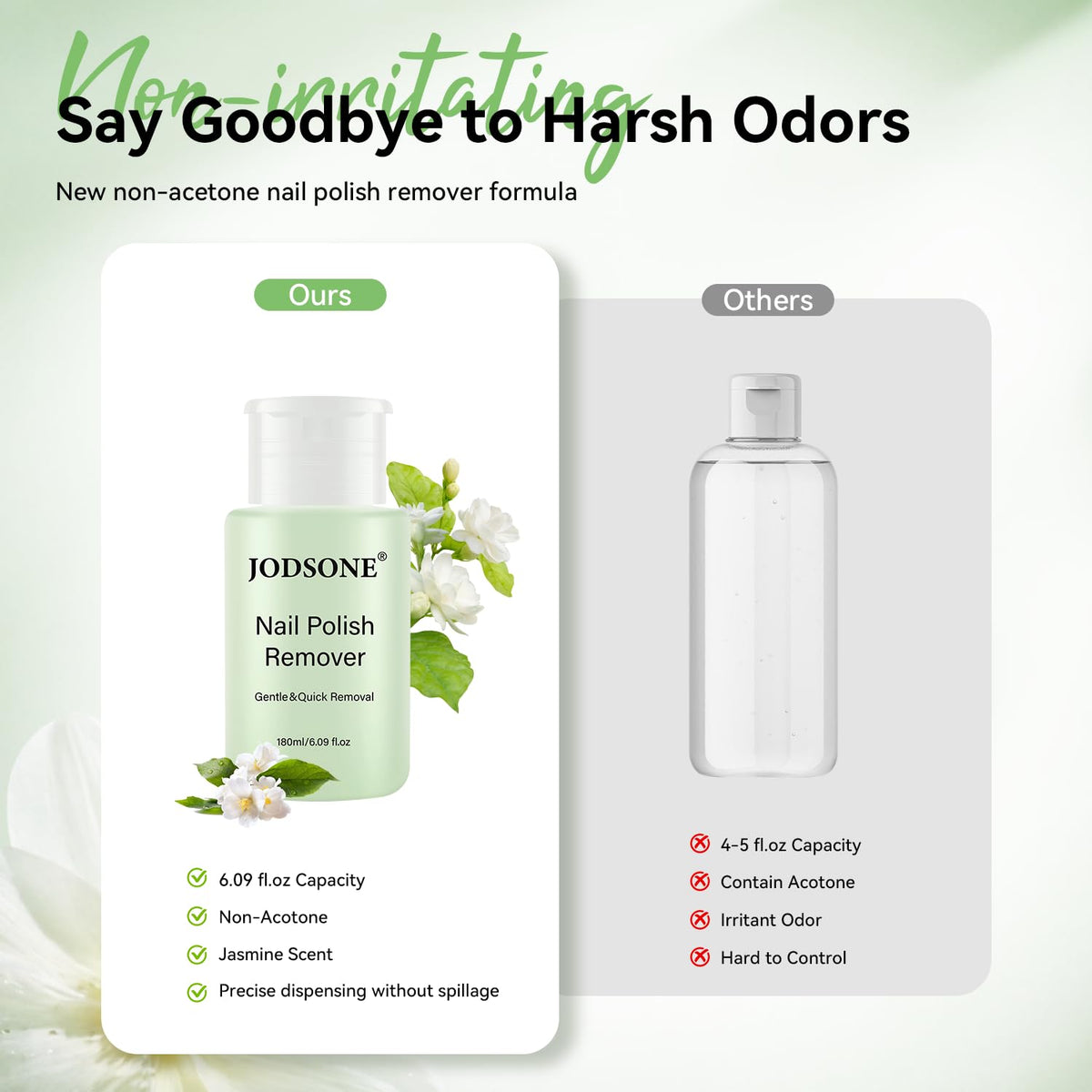 JODSONE Gel & Regular Nail Polish Remover, Non-Acetone, Jasmine, 6.09 Fl Oz One-Press Pump, Vitamin E & Aloe, Jasmine Scent, Removes Regular Polish; Soak-Off Gel Removal Requires Filing and Soaking