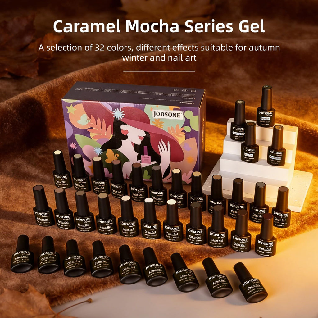 JODSONE 36Pcs Autumn Gel Nail Polish Set 32 Colors with 4 Functional Base Coat Glitter & Matte Top Coat Nude Brown Gel Polish Set for Salon at Home DIY Nail Art