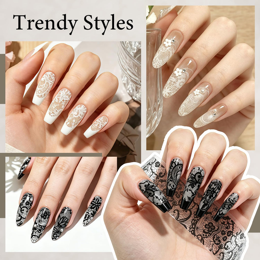 JODSONE 20 Rolls Lace Nail Foils, Black and White Lace Nail Art Transfer Sheets, Must Be Used with Nail Foil Glue, Transfer Foils for Manicure Salon & Home Use (Not Self-Adhesive Stickers)