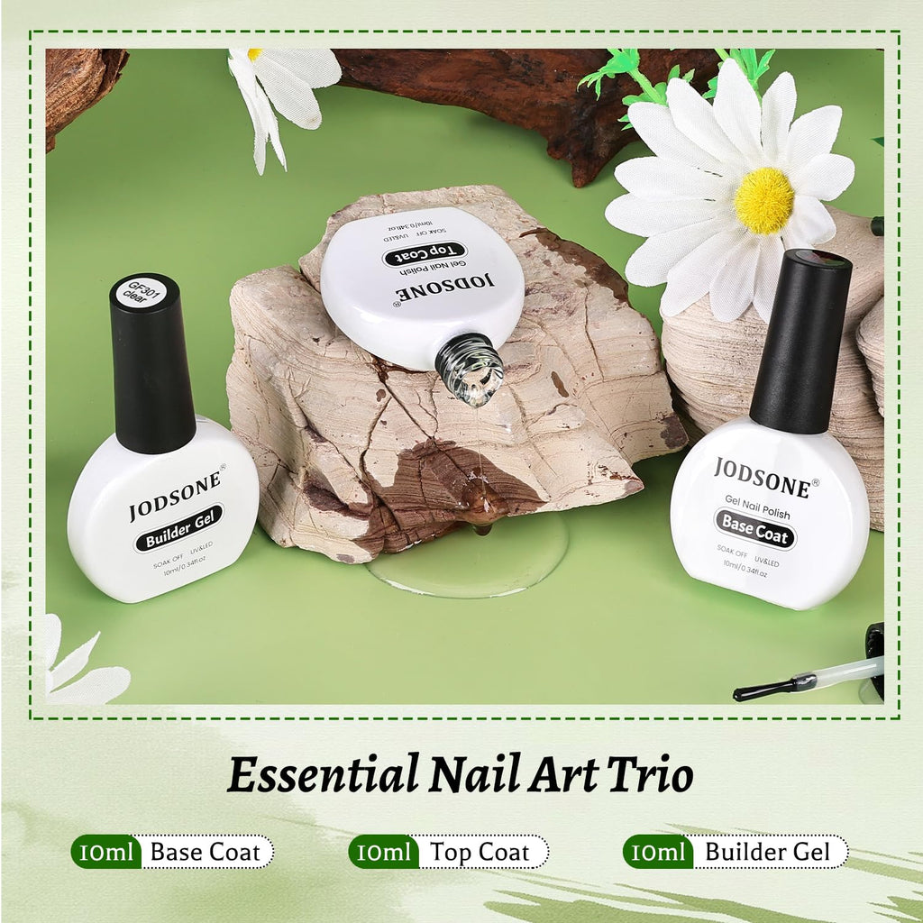 JODSONE 3Pcs 10ml Top Coat Base Coat Builder Gel Set – No Wipe Gel for Strengthening Thickening and Nail Extension Requires U V Lamp Curing